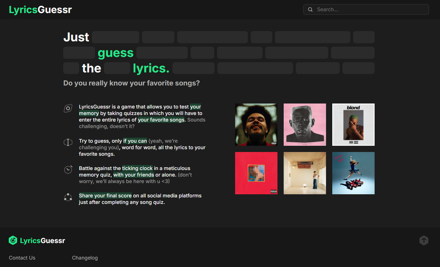 Screenshot homepage di LyricsGuessr