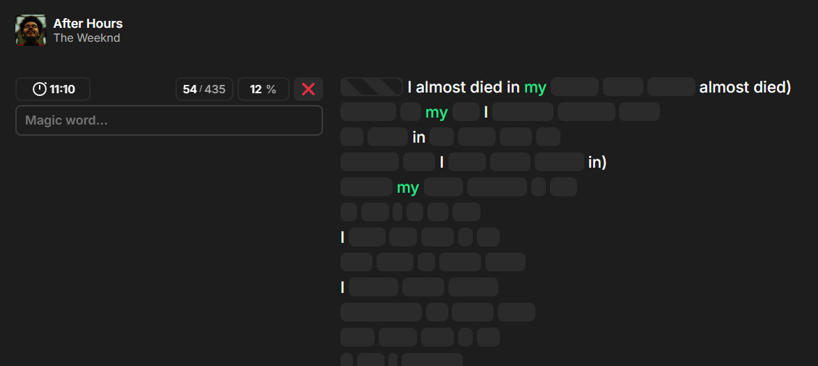 Screenshot di una partita su LyricsGuessr